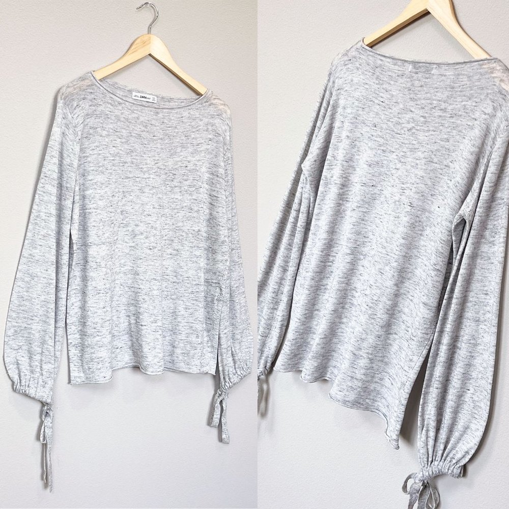 Zara Heather Gray Long Bow Tie Strap Cuff Balloon Sleeves Light Weight Sweater S - Picture 10 of 11